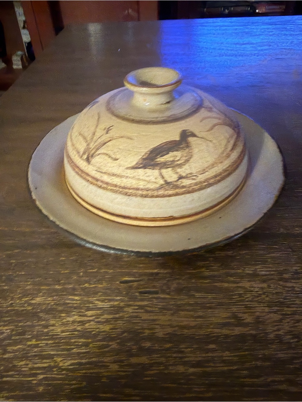 Handcrafted Cream and Brown Ceramic Lidded Dish with Bird Motif